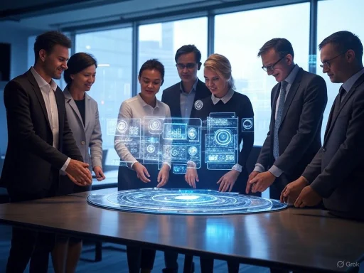Business professionals analyze futuristic holographic data displays in a modern conference room.