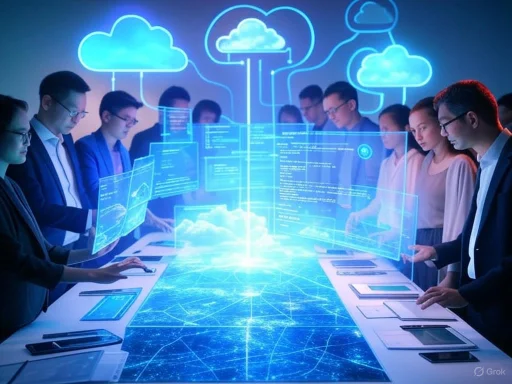 Businesspeople analyze cloud computing and data integration using digital holograms and virtual screens.