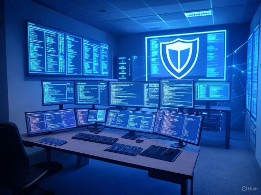 A control room with multiple monitors displaying cybersecurity or hacking code and a shield icon, indicating data protection.