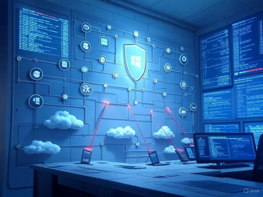 A high-tech cybersecurity room with cloud and digital connections, screens, and a shield icon indicating protection.