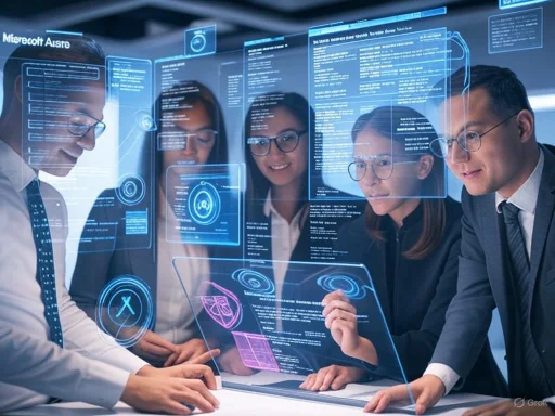 A diverse group of professionals collaboratively analyzing data displayed on holographic digital screens in a modern office.