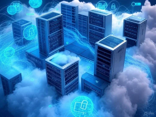 Futuristic cloud-based data center with holographic security icons and interconnected servers in a digital sky.