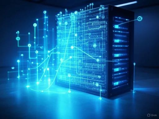 A digital representation of a data server with holographic data streams and graphs emerging from it. A digital representation of a data server with holographic data streams and graphs emerging from it.