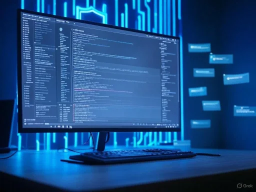 A computer monitor displays lines of code in a dark-themed interface, illuminated by neon blue lighting.
