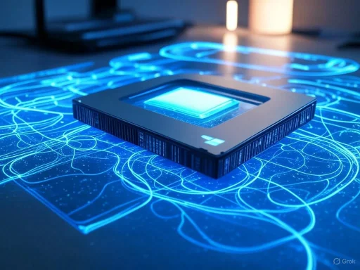 A futuristic microchip illuminated by blue holographic circuitry on a sleek desk.
