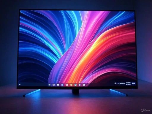 A sleek, modern flat-screen monitor displays vibrant, colorful abstract light trails with a subtle glow effect.