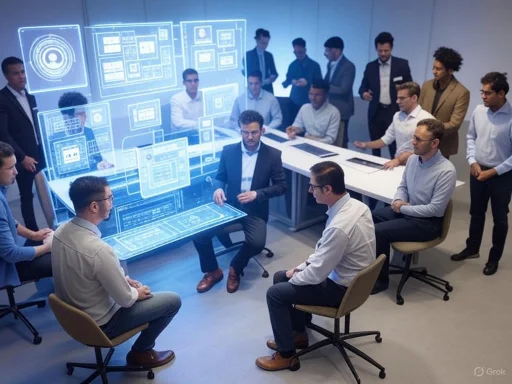 A group of professionals gather around a futuristic holographic display for a high-tech business presentation.