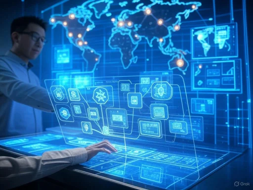 A person interacts with a futuristic holographic interface displaying world maps and data visuals.