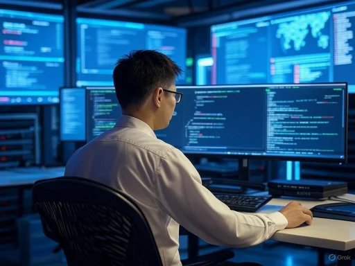 A cybersecurity analyst monitors multiple screens displaying code and global security data in a high-tech command center.
