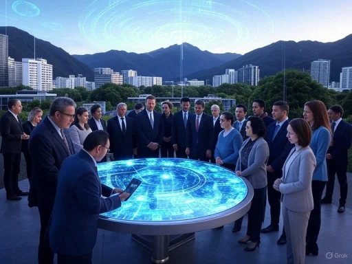 Businesspeople gather around a high-tech digital table outdoors with a cityscape and mountain backdrop.