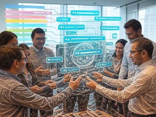 Team collaborating around a transparent screen with futuristic digital interface and chat bubbles.