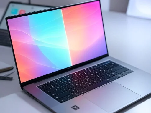 A sleek, modern laptop with a colorful, abstract display on a white desk.