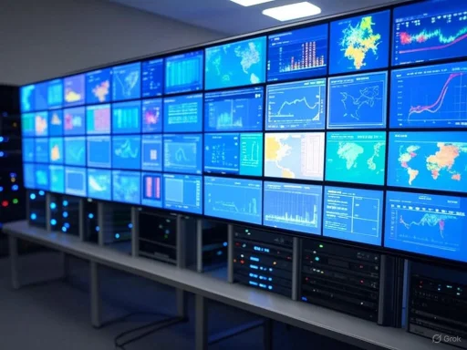 A large wall of screens displaying global data, charts, and maps in a control or data monitoring room. A large wall of screens displaying global data, charts, and maps in a control or data monitoring room.