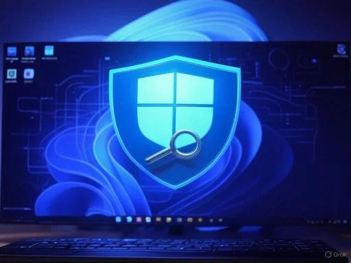A computer screen displays a Windows shield icon with a magnifying glass, symbolizing security and system scan.