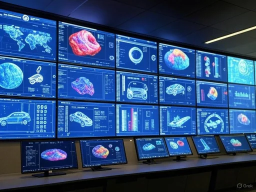 Multiple monitors display 3D models, data, and analysis related to space, Earth, and vehicle designs in a high-tech control room. Multiple monitors display 3D models, data, and analysis related to space, Earth, and vehicle designs in a high-tech control room.