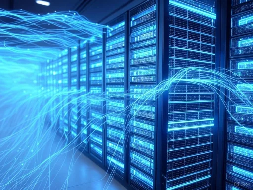 Data cables flow through server racks in a high-tech data center.