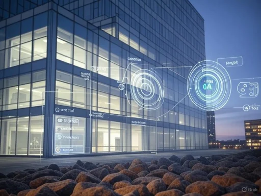 A modern glass building with futuristic digital interface projections on its exterior, set against a cityscape at dusk.