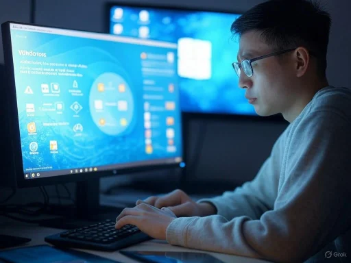 A young man with glasses working on a computer in a dimly lit room.