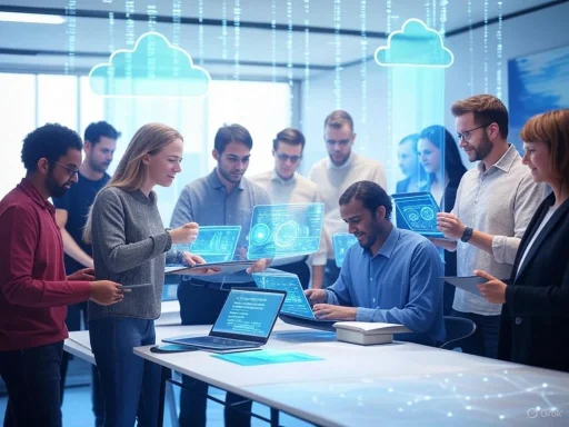 Team collaboration in a modern tech workspace with holographic and digital interface displays.