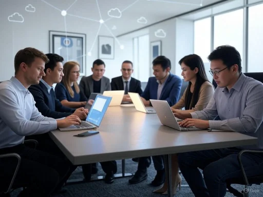 A diverse group of professionals is attentively working on laptops around a conference table in a modern office.