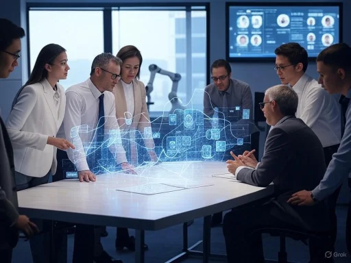 A diverse group of professionals discuss a holographic digital interface in a modern office conference room. A diverse group of professionals discuss a holographic digital interface in a modern office conference room.