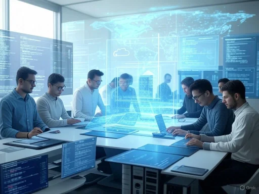 A team of people working on futuristic technology with holographic displays and digital interfaces in a high-tech office. A team of people working on futuristic technology with holographic displays and digital interfaces in a high-tech office.