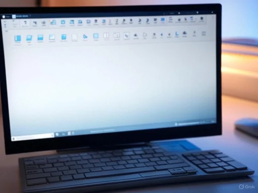 A desktop computer displays a blank document or interface with icons at the top, set against a softly lit background.