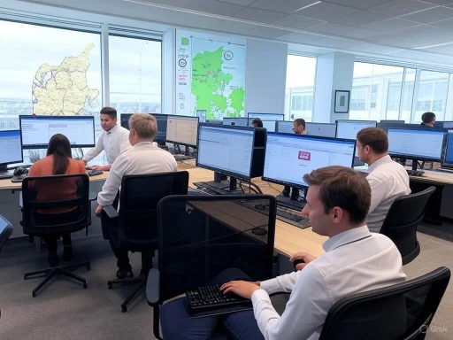 Office workers analyze data on multiple monitors in a modern, high-rise control room with large city view windows.