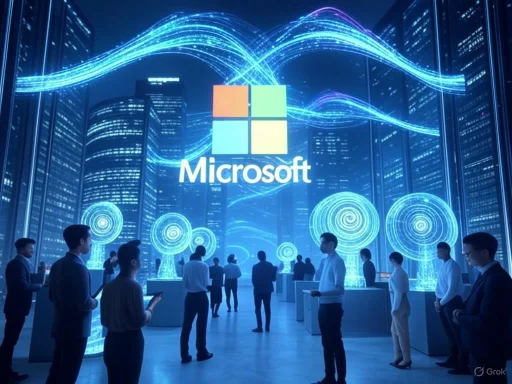 People at a Microsoft event with a futuristic digital cityscape and holographic displays in the background.