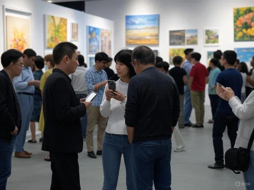 Visitors at an art gallery are engaged in conversations and viewing colorful landscape paintings on the walls. Visitors at an art gallery are engaged in conversations and viewing colorful landscape paintings on the walls.