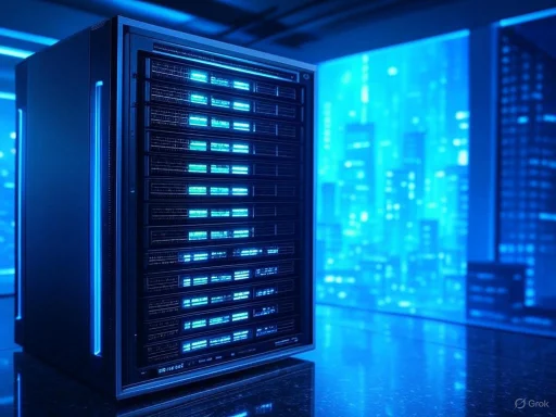 A server rack with glowing blue lights in a high-tech data center.
