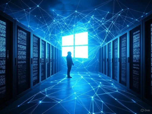 A person stands inside a high-tech data center with a glowing Windows logo, surrounded by digital data streams and interconnected lines.