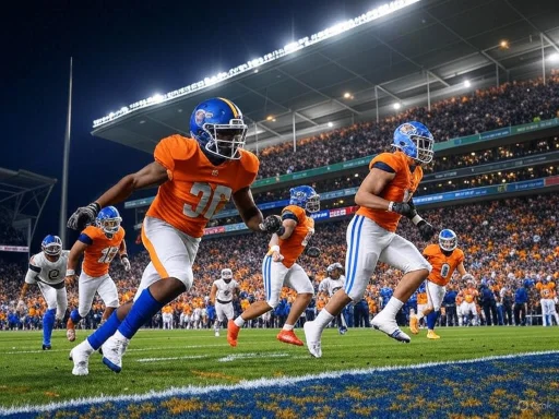 Football players in orange uniforms run onto the field before a game in a packed stadium at night.