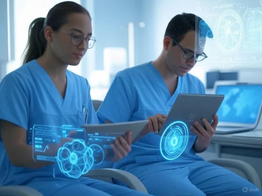 Medical professionals analyzing digital holographic data in a futuristic healthcare setting.