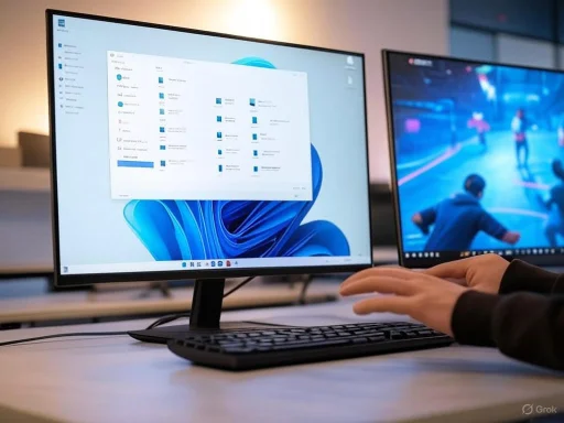 A person uses a computer with a Windows 11 interface, alongside a second monitor displaying a game scene.