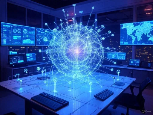 A high-tech control room with a holographic digital globe and multiple screens displaying data and maps.