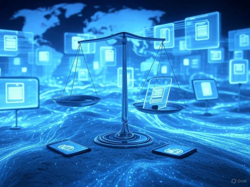 A digital scale with mobile devices and document icons, symbolizing data balance and digital information exchange.