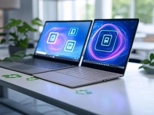 Two laptops with synchronized screens displaying digital graphics are placed on a white desk with green plant decorations.