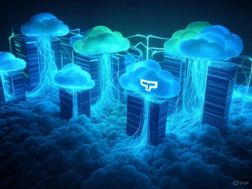 Futuristic cloud computing data centers connected by glowing digital data streams amid clouds.