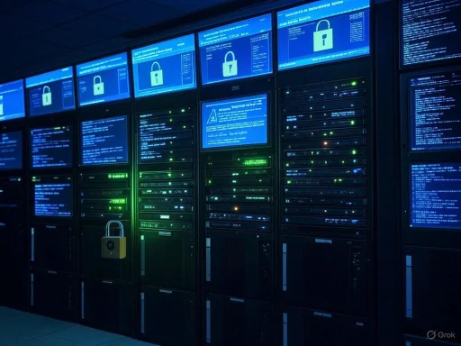 Data servers with security screens displaying blue lock icons in a data center.