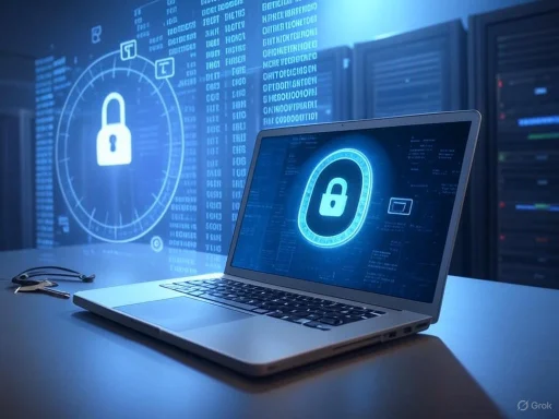 Laptop displaying a digital lock icon, symbolizing cybersecurity or data protection, with server racks in background.