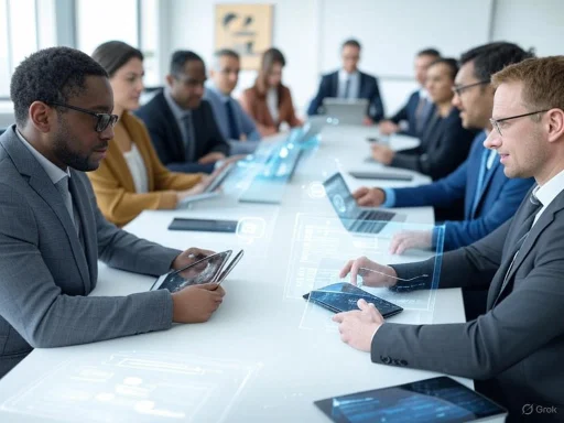 Business professionals attend a high-tech virtual meeting with holographic digital interfaces.