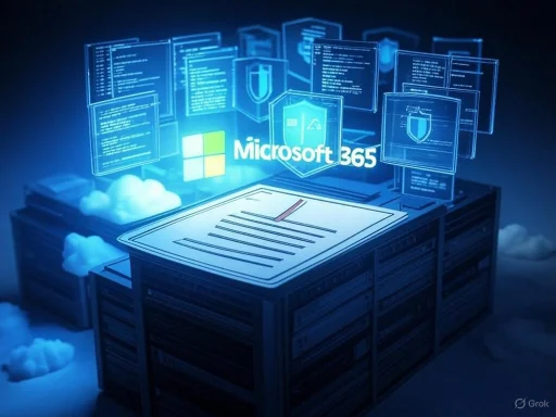 A digital illustration of cloud-based storage and cybersecurity for Microsoft 365, featuring floating data screens and cloud icons.
