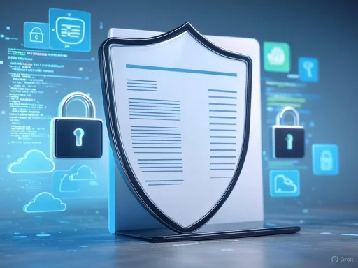 A digital shield with a document symbolizes cybersecurity and data protection against online threats.
