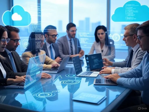 Business meeting with digital cloud technology visuals and laptops on a conference table.