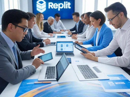 Business professionals using tablets and laptops in a meeting with Replit branding in the background. Business professionals using tablets and laptops in a meeting with Replit branding in the background.