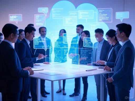 Business professionals engage with holographic digital data displays in a futuristic meeting setting. Business professionals engage with holographic digital data displays in a futuristic meeting setting.