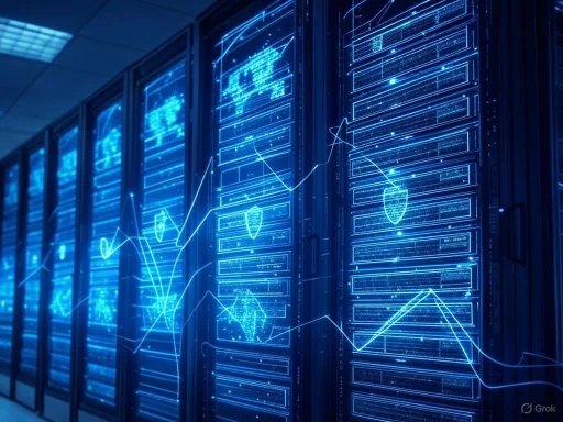 Servers with digital data visualization and security icons, highlighting data security and cyber infrastructure.