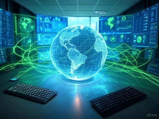 Digital globe with interconnected data streams in a high-tech control room or data center.