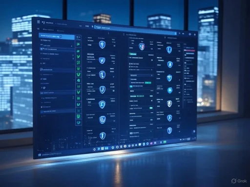 A computer screen displaying a cybersecurity or digital security dashboard with various icons and data overlays in a modern office.